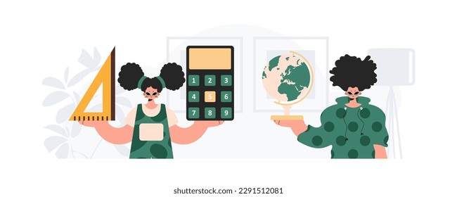 Boy and energized lady school instrument. Trendy style, Vector Illustration