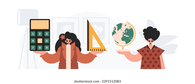 Boy and energized lady school instrument. Trendy style, Vector Illustration