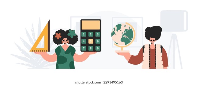 Boy and energized woman school instrument. Trendy style, Vector Illustration
