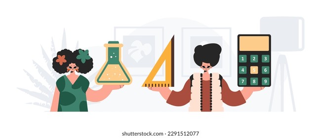 Boy and energized woman school instrument. Trendy style, Vector Illustration
