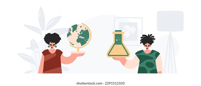 Boy and energized woman school instrument. Trendy style, Vector Illustration
