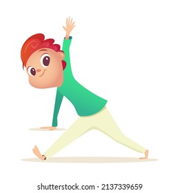 Boy is engaged in capoeira, stands in pose, rests his hand on floor, second is raised to top, keeps his balance. Child goes in for sports