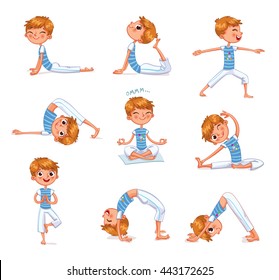 Boy engaged in physical exercises. Gymnastics for children. Plays sports. Funny cartoon character. Vector illustration. Isolated on white background. 