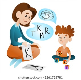 The boy is engaged with a speech therapist. Child training basic language skills with speech therapist isolated flat vector illustration. Articulation problem and speech therapy concept. 