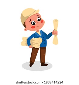 Boy Engineer Character in Hard Hat with Blueprints, Kids Hobby or Future Profession Concept Cartoon Style Vector Illustration
