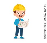 boy engineer with yellow helmet holding architectural drawing and smiling happy