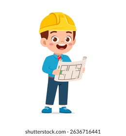 boy engineer with yellow helmet holding architectural drawing and smiling happy
