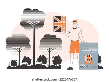 Boy English teacher. The concept of learning a foreign language. Linear trendy style.