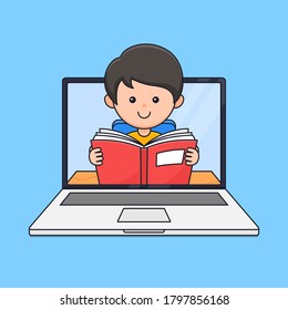 A boy enjoy reading for online studying on the laptop screen vector illustration. Modern digital teaching education concept outline cartoon style flat design.