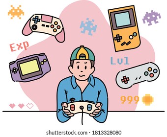 A boy enjoy retro console games. hand drawn style vector design illustrations. 