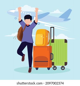 Boy enjoyed with his holiday and he feel so happy for do traveling anywhere. Traveling. Enjoyed. Healing. End year traveling. Vector colorful illustration. Illustrator.