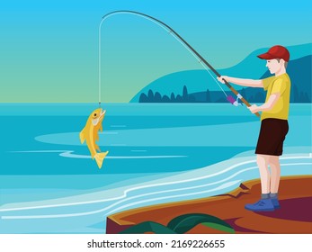 Boy enjoying fishing. Fisherman on river pier with fishing rods. Happy boy child holding fish on hook.