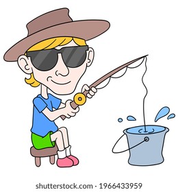 boy is enjoying a fishing vacation in a bucket of water, vector illustration art. doodle icon image kawaii.