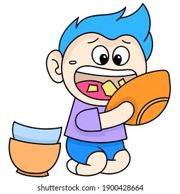 the boy is enjoying the food with gusto, doodle draw kawaii. vector illustration art