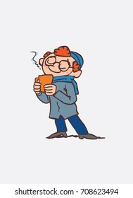 Boy enjoying a hot drink. Character of boy, funny style, isolated.
