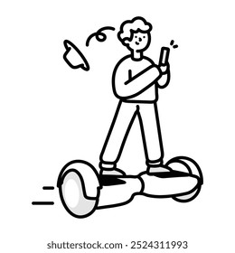 Chico disfrutando de hoverboarding y usando el móvil, doodle icono 

