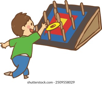 A boy enjoying ring toss at a crowd-pulling event.