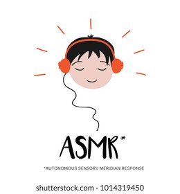 Boy enjoying sounds, triggers of ASMR content in his headphones.