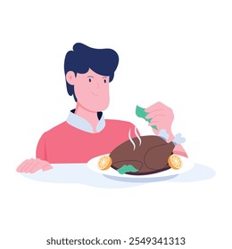 Boy enjoying thanksgiving meal, flat illustration  