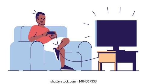 Boy enjoying videogame alone flat vector illustration. Man, bachelor holding joystick, sitting on sofa. Father, husband playing video game cartoon character with outline elements on white background