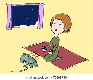 Boy enjoys the radiator on a winter night