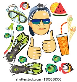 the boy enjoys a successful vacation at sea. set for scuba diving, exotic fish, drinks and fruit.hand vector. EPS 8.