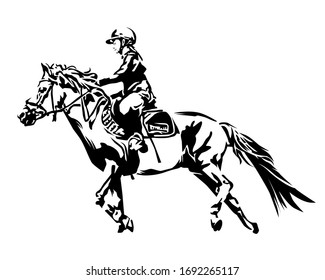 ​ Joven con el deporte ecuestre, dibujo, ilustración vectorial negro y blanco.