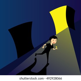 Boy escaping from haunted house vector illustration, running in the dark hall