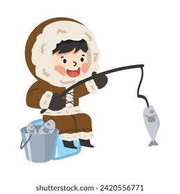 Boy eskimo mit Fischfang-Cartoon