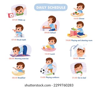 Boy establishing a successful daily routine. Kid accomplishes his tasks: wakes up, brushes teeth, having breakfast, going to school,  playing outdoors, playing at home, going to bed, take shower