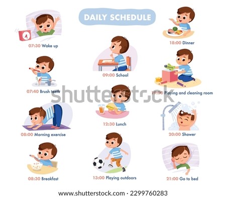 Boy establishing a successful daily routine. Kid accomplishes his tasks: wakes up, brushes teeth, having breakfast, going to school,  playing outdoors, playing at home, going to bed, take shower