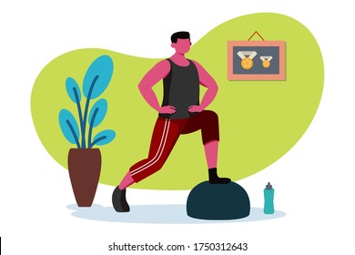 Boy Excercising At Home, Modern Flat Illustration