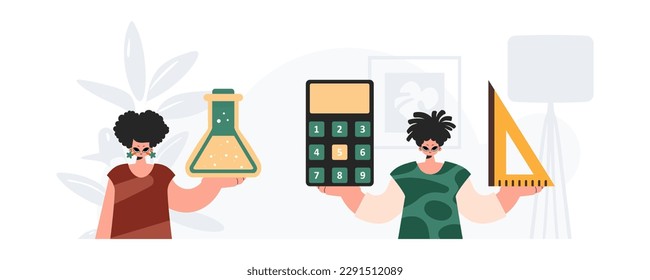 Boy and excited lady school instrument. Trendy style, Vector Illustration