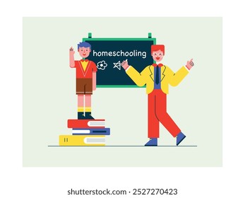 Boy excited to study with male teacher with glasses, homeschooling learning activities. Character design. Vector flat illustration