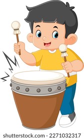 a boy excitedly plays a Japanese percussion taiko instrument of illustration