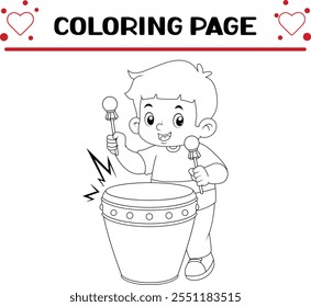 boy excitedly plays japanese percussion taiko instrument coloring page for kids