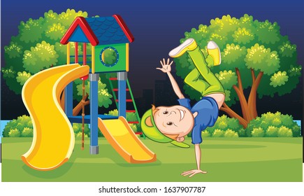 Boy exercise in garden in night, trees, nature, play, 