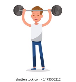 Boy exercise and lifting heavy barbell character vector design.