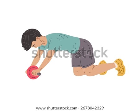 Boy exercising with ab wheel on floor supported on knees. Strengthens core, back, arms and posture. Flat vector isolated for fitness, rehab