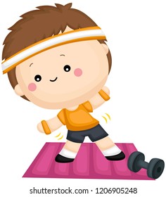a boy exercising on top of yoga mat beside dumbbell