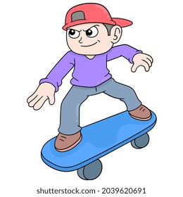 Junge trainiert Skateboarden, Vektorgrafik. doodle Symbol-Bild kawaii.