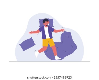 Boy experiences seizures while sleeping due to damage to his motor nerves, causing foam to come out of his mouth, vector illustration of a health problem.