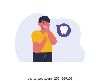 A boy is experiencing quite intense toothache due to a damaged tooth, his facial expression looks painful as he holds his cheek, vector illustration of a health problem.