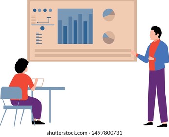 A boy is explaining to a girl about graphs on the board.