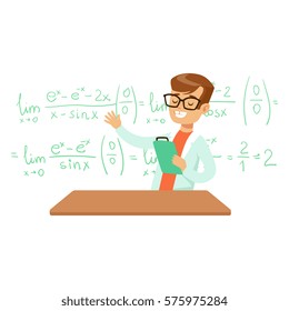Boy Explaining Mathematic Formula, Kid Doing Math Science Research Dreaming Of Becoming Professional Scientist In The Future