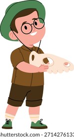 Boy explorer in hat and glasses holds a dinosaur skull prop with a proud smile. Adventure, curiosity, learning, and paleontology theme for kids and education. Cartoon vector illustration.