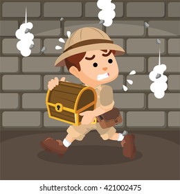 Boy explorer run after taking the treasure