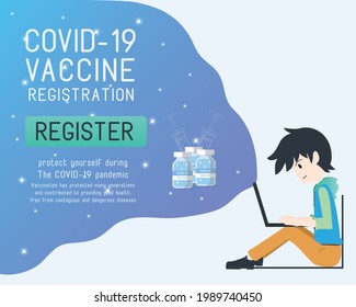 Boy are Exploring about Covid Coronavirus Vaccine Registration in Computer Notebook. Vaccination has protected many generations and contributed to providing good health.