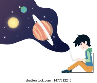 Boy is Exploring Everything that is Need to Know from a Notebook. Space Earth Moon Sun Everything