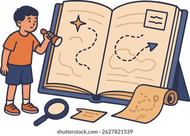 Boy Exploring Treasure Map in Book, Vector Illustration.